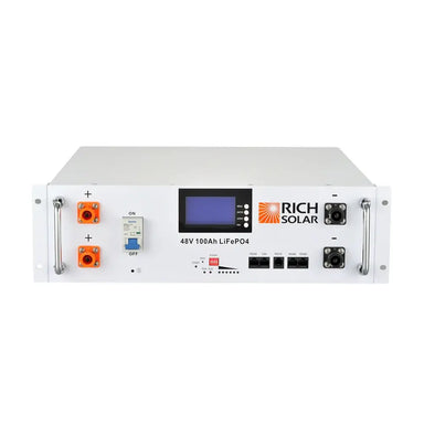 Front view of a Rich Solar ALPHA 5 48V 100Ah LiFePO4 server rack lithium battery showing the LCD screen, circuit breaker, and communication ports.