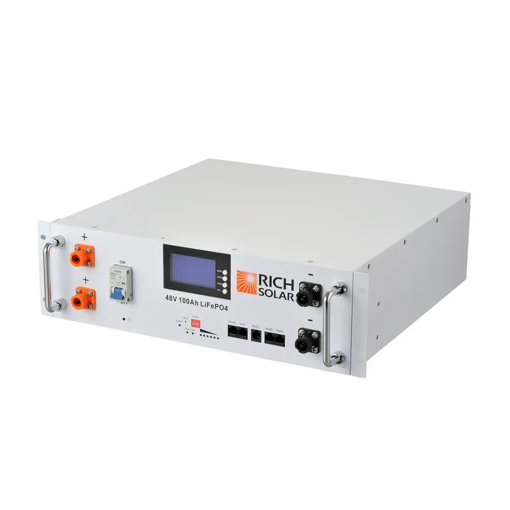Angled front-right perspective of a single Rich Solar ALPHA 5 48V 100Ah lithium server rack battery unit on a white background.