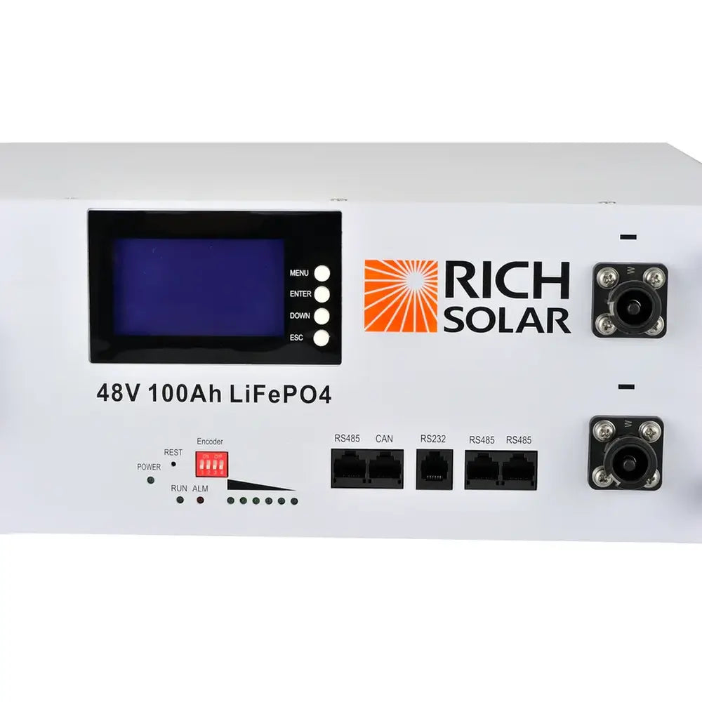 Close-up of the front interface panel on a Rich Solar 48V 100Ah LiFePO4 server rack battery showing the LCD screen, status LEDs, and communication ports.