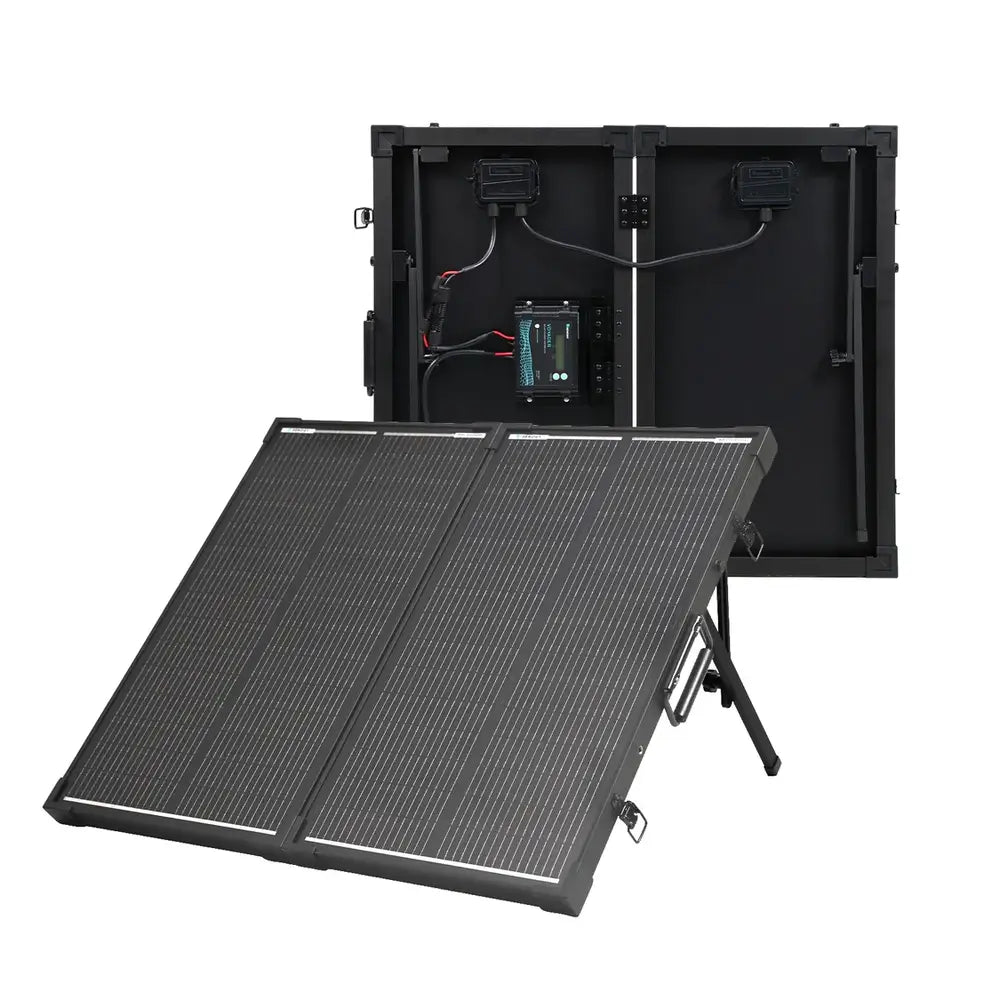 Renogy 200W N-Type portable solar panel kit propped open, displaying the pre-wired Voyager 20A waterproof PWM solar charge controller on the back pane.