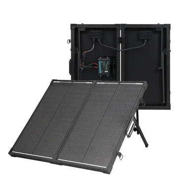 Renogy 200W N-Type portable solar panel kit propped open, displaying the pre-wired Voyager 20A waterproof PWM solar charge controller on the back pane.