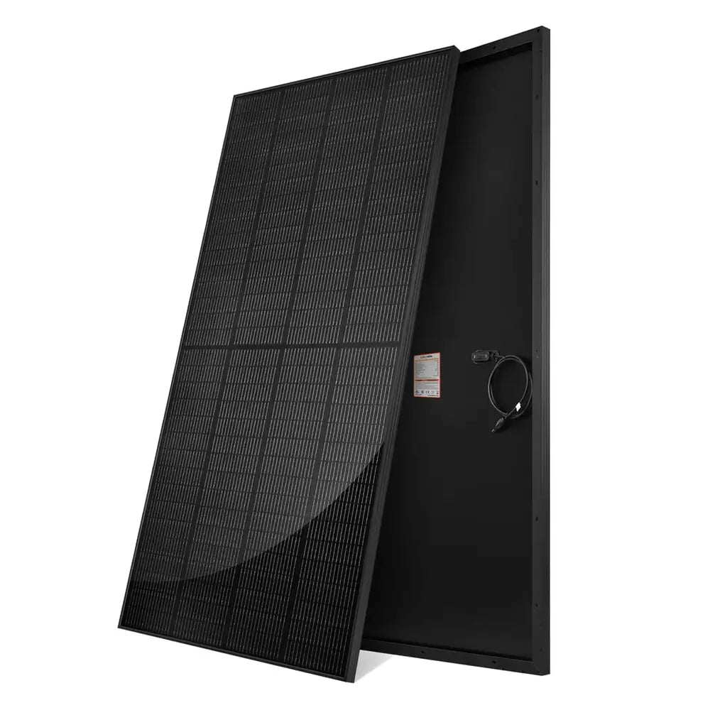 Angled studio product shot showing the front face and rear layout of an all-black Rich Solar MEGA 250 250W monocrystalline solar panel.