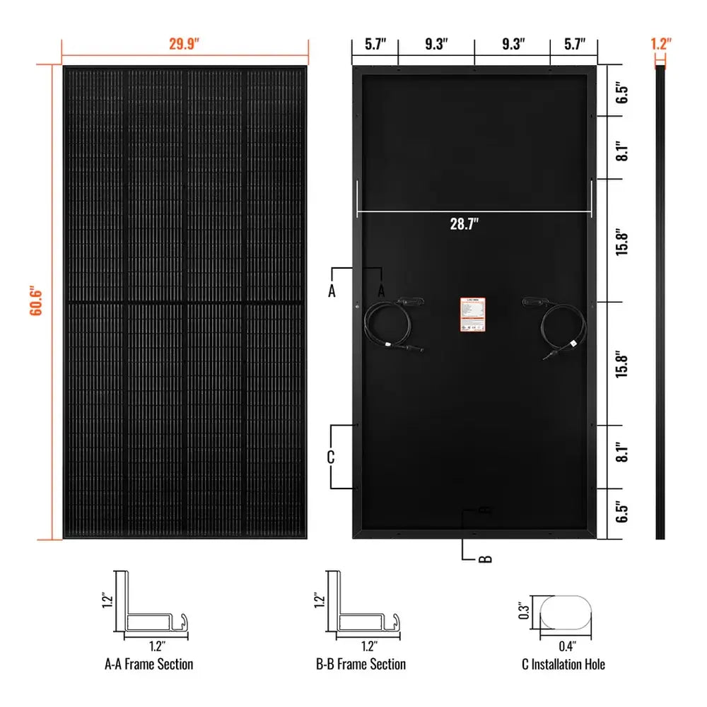 Technical dimension blueprint and frame section schematic for the Rich Solar MEGA 250 250W solar panel showing a 60.6" x 29.9" footprint.
