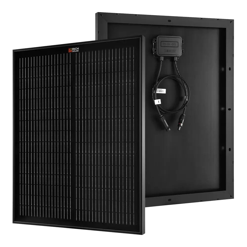 Overlapping front and back view of the all-black Rich Solar MEGA 50W Onyx 12V monocrystalline solar panel.