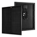 Overlapping front and back view of the all-black Rich Solar MEGA 50W Onyx 12V monocrystalline solar panel.