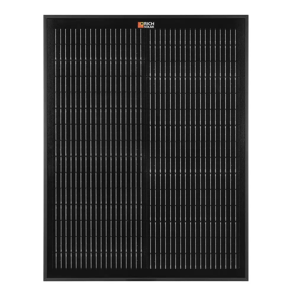 Straight-on front view of the Rich Solar MEGA 50W Onyx all-black 12V solar panel with a sleek black frame.