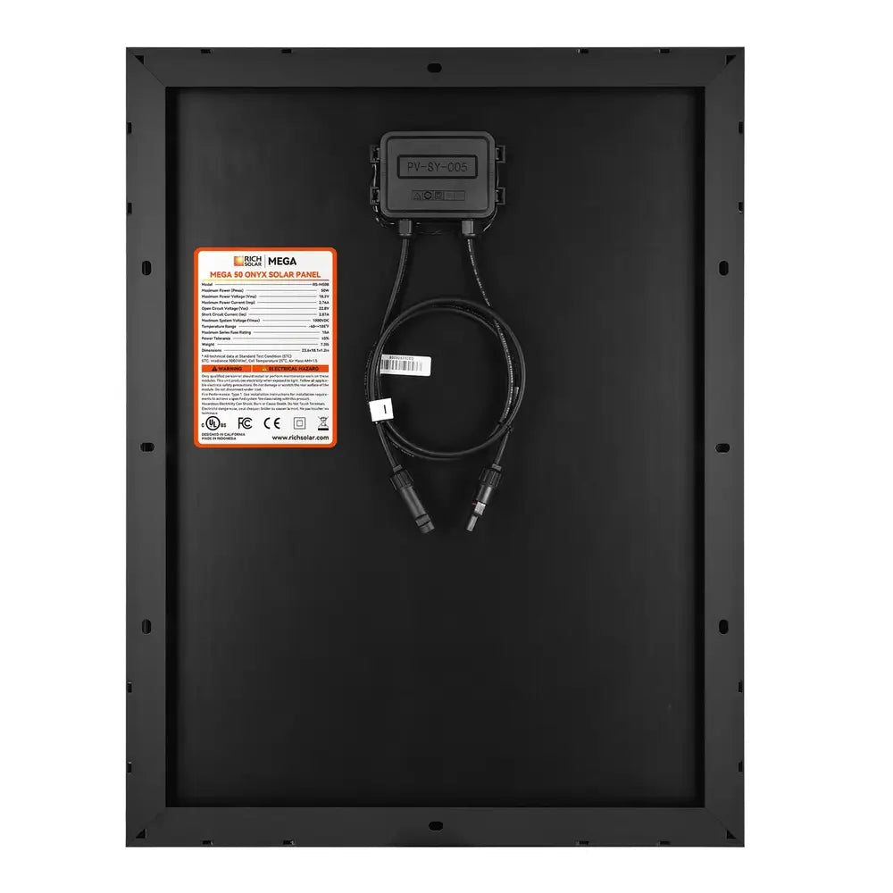 Rear view of the Rich Solar MEGA 50W Onyx solar panel featuring a black backsheet, junction box, and specification label.