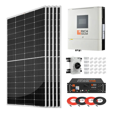 Rich Solar RS-CBK1250 1250W off-grid solar kit complete setup with monocrystalline panels, inverter, 5.12kWh battery, isolator switch, and cables.