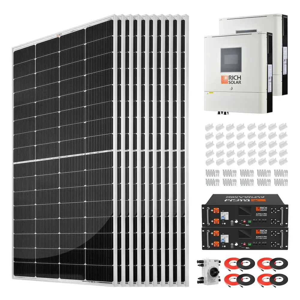 Complete Rich Solar RS-CBK2500240 2500W 240V off-grid solar kit components including solar panels, two 6500W inverters, two Alpha 5 Pro server rack batteries, mounting brackets, and cables.