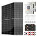 Complete Rich Solar RS-CBK2500240 2500W 240V off-grid solar kit components including solar panels, two 6500W inverters, two Alpha 5 Pro server rack batteries, mounting brackets, and cables.