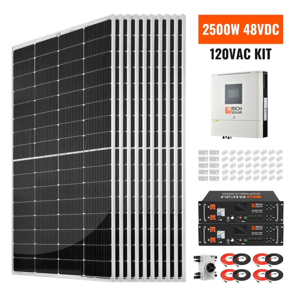 Rich Solar 2500W 48VDC 120VAC off-grid solar kit package overview with panels, inverter, and lithium batteries.