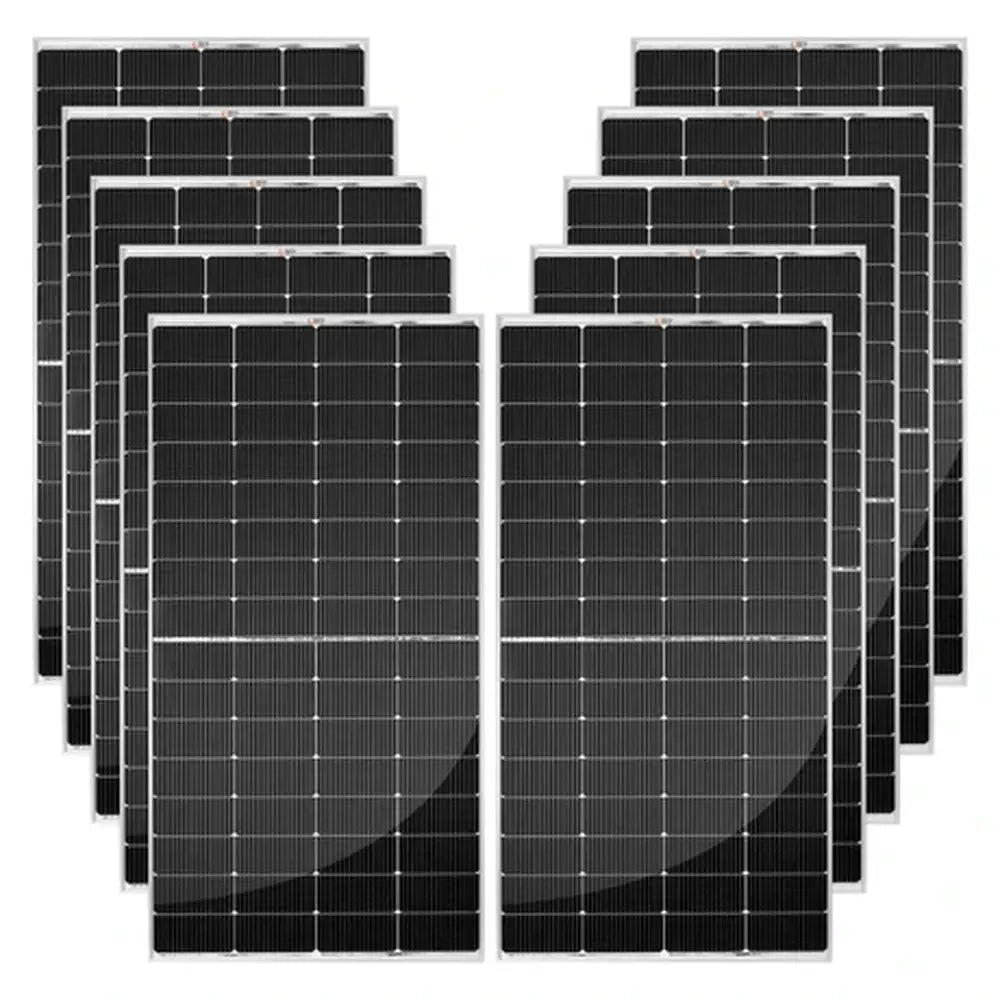 Multiple high-efficiency monocrystalline solar panels included in the Rich Solar 2500W solar kit bundle.