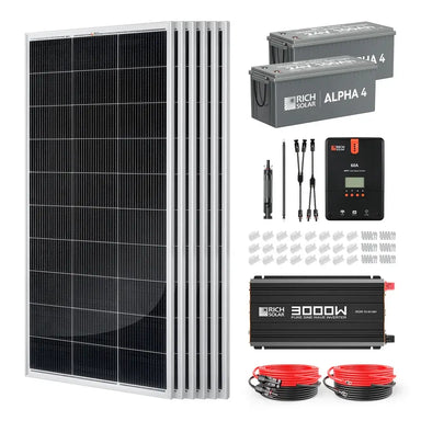 Rich Solar 1200W 24V complete solar kit components including six solar panels, Alpha 4 lithium batteries, 60A MPPT charge controller, 3000W pure sine wave inverter, and mounting hardware.