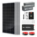 Rich Solar 1200W 24V complete solar kit components including six solar panels, Alpha 4 lithium batteries, 60A MPPT charge controller, 3000W pure sine wave inverter, and mounting hardware.