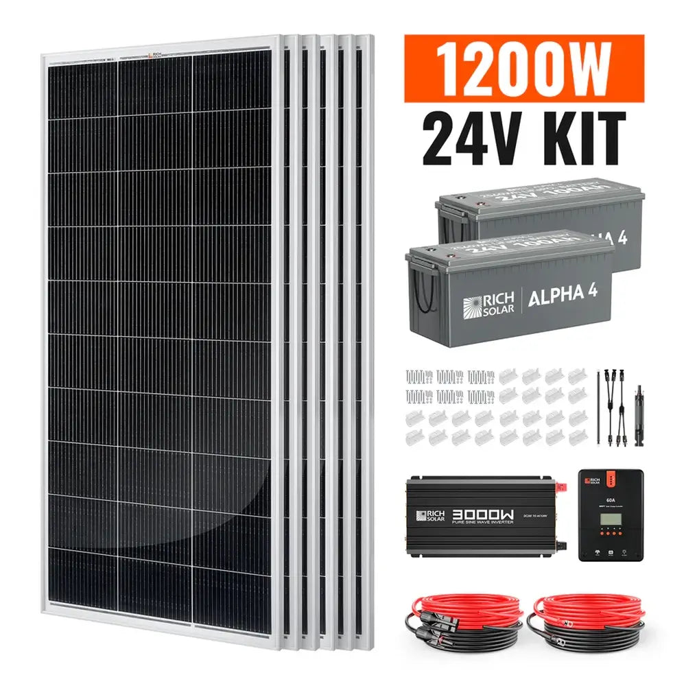 Rich Solar 1200W 24V complete solar kit bundle product overview featuring off-grid power components, Alpha 4 LiFePO4 batteries, and 3000W inverter.