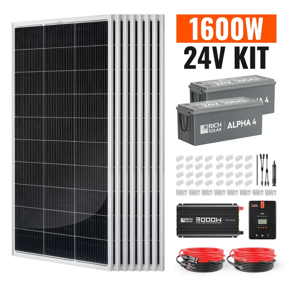 Rich Solar 1600W 24V off-grid solar kit components with eight solar panels, two Alpha 4 lithium batteries, and a 3000W pure sine wave inverter.