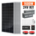 Rich Solar 1600W 24V off-grid solar kit components with eight solar panels, two Alpha 4 lithium batteries, and a 3000W pure sine wave inverter.