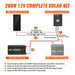 Step-by-step wiring installation diagram for the Rich Solar 200W 12V complete solar kit, detailing connections between the solar panel, 20A MPPT charge controller, Alpha 1 lithium battery, and Nova Pure 2000W inverter.