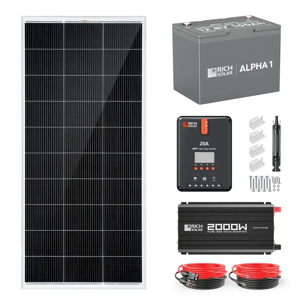 Product layout of the Rich Solar 200W 12V complete solar kit featuring a monocrystalline solar panel, Alpha 1 12.8V 100Ah LiFePO4 battery, 20A MPPT controller, 2000W pure sine wave inverter, and mounting hardware.