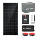 Product layout of the Rich Solar 200W 12V complete solar kit featuring a monocrystalline solar panel, Alpha 1 12.8V 100Ah LiFePO4 battery, 20A MPPT controller, 2000W pure sine wave inverter, and mounting hardware.