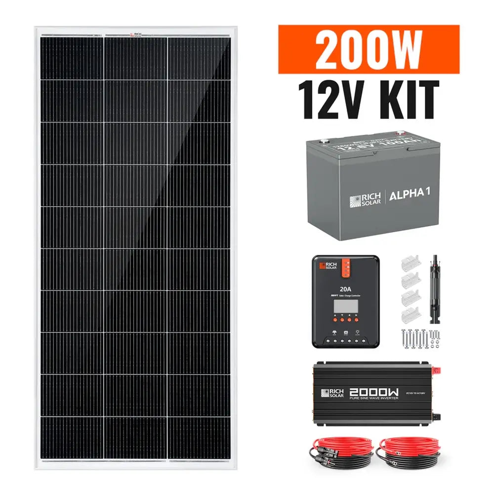 Rich Solar 200W 12V solar kit components display with promotional text banner, showing a solar panel, Alpha 1 lithium battery, 2000W pure sine wave inverter, and 20A MPPT solar charge controller.