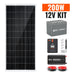 Rich Solar 200W 12V solar kit components display with promotional text banner, showing a solar panel, Alpha 1 lithium battery, 2000W pure sine wave inverter, and 20A MPPT solar charge controller.