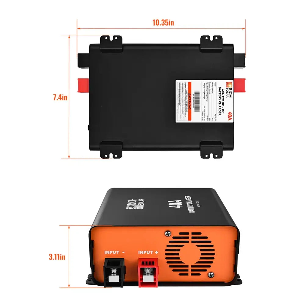 Size and dimensional measurements for the Rich Solar 40A 12V DC-DC battery charger, specifying a length of 10.35 inches, width of 7.4 inches, and height of 3.11 inches.
