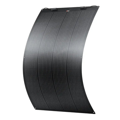 Side perspective view showing the aerodynamic curved flexibility of the lightweight Rich Solar MEGA 200W solar panel.