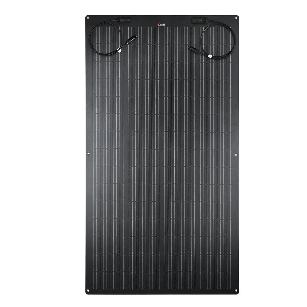 Top-down front view of the Rich Solar MEGA 200 PRO FLEX 200W flexible solar panel with dual top junction boxes and MC4 cables.
