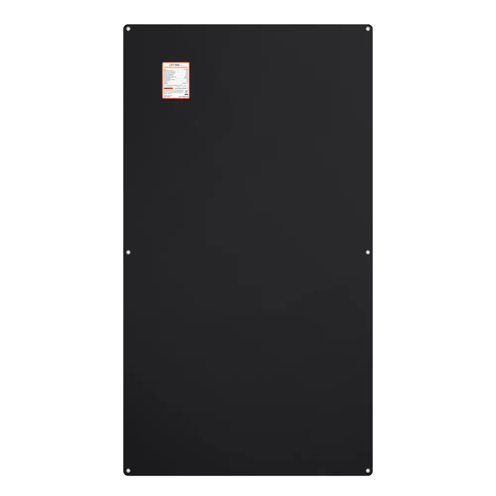 Flat back view of the all-black Rich Solar MEGA 200 PRO FLEX 200W solar panel with technical specifications label.
