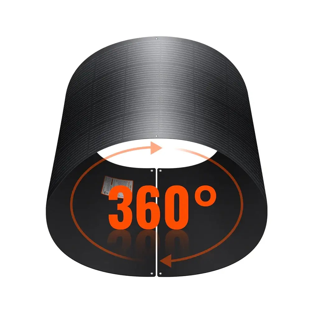 Rich Solar MEGA 200 PRO FLEX 200W flexible solar panel rolled into a complete 360-degree circle demonstrating extreme durability.