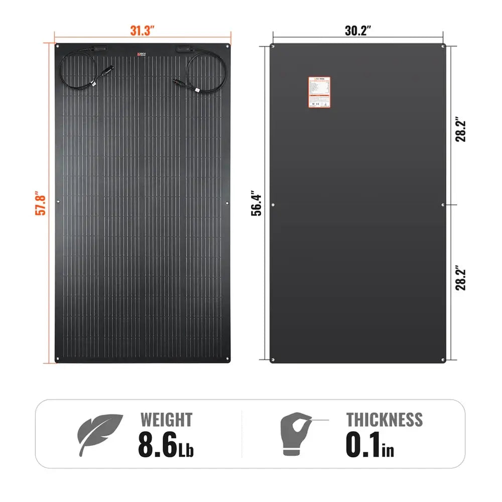 Detailed size and weight dimension chart for the Rich Solar MEGA 200W flexible solar panel, showing 8.6 lbs weight and 0.1-inch thickness.