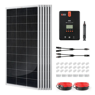 Rich Solar 1200W solar kit components featuring six 200W solar panels, a 60A MPPT charge controller, solar cables, and Z-mounting brackets.