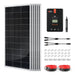 Rich Solar 1200W solar kit components featuring six 200W solar panels, a 60A MPPT charge controller, solar cables, and Z-mounting brackets.