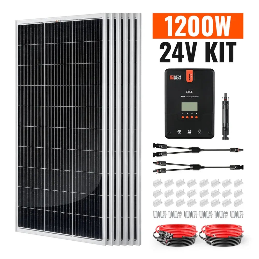Rich Solar 1200W 24V solar panel kit with 60A MPPT charge controller and mounting hardware product layout.
