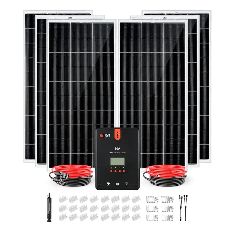 Complete Rich Solar 1200W 24V solar kit symmetrical product display with 60A MPPT controller, fanned solar panels, and full installation accessories.