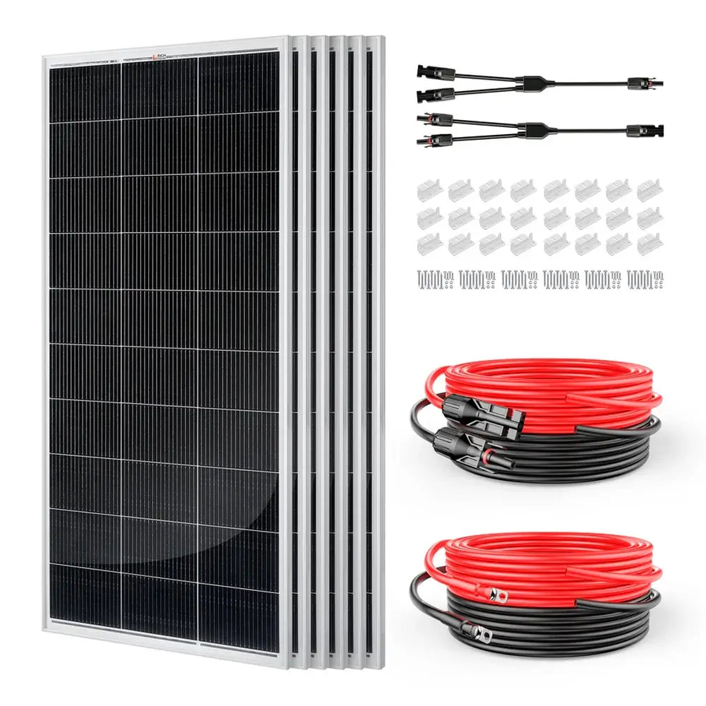 Rich Solar 1200W solar panel expansion kit including six 200W monocrystalline panels, parallel Y-branch connectors, extension wires, and Z-brackets.