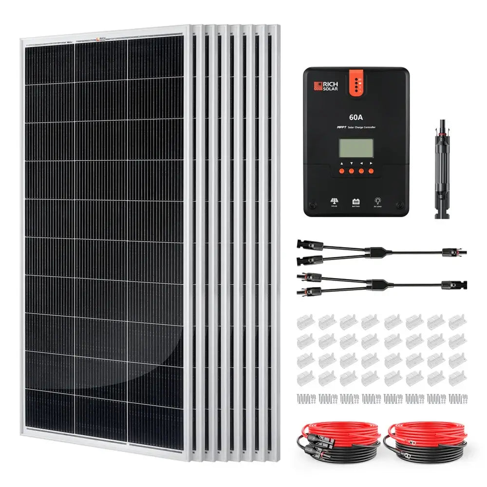Product bundle for Rich Solar RS-K1660 1600W solar kit with eight monocrystalline panels, 60A MPPT controller, inline fuse holder, cables, and hardware.