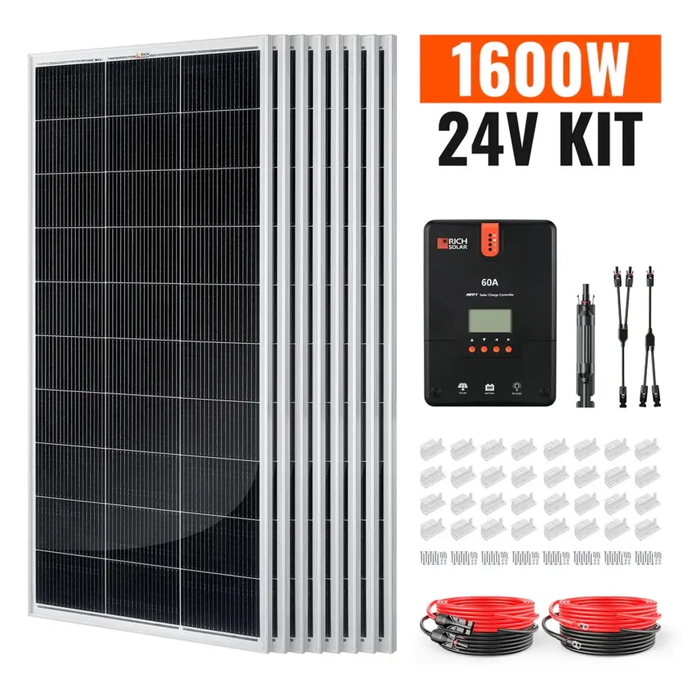 Rich Solar 1600W 24V kit product display showing solar panels, 60A MPPT charge controller, wiring, and mounting accessories with an orange text banner.