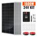 Rich Solar 1600W 24V kit product display showing solar panels, 60A MPPT charge controller, wiring, and mounting accessories with an orange text banner.