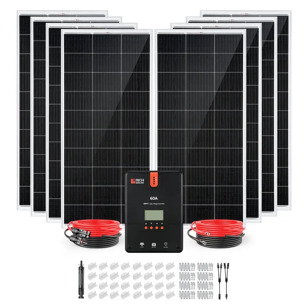 Complete Rich Solar RS-K1660 1600W solar power kit assembly featuring eight 200W solar panels, a 60A MPPT controller, and all included installation hardware.