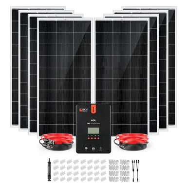 Complete Rich Solar RS-K1660 1600W solar power kit assembly featuring eight 200W solar panels, a 60A MPPT controller, and all included installation hardware.