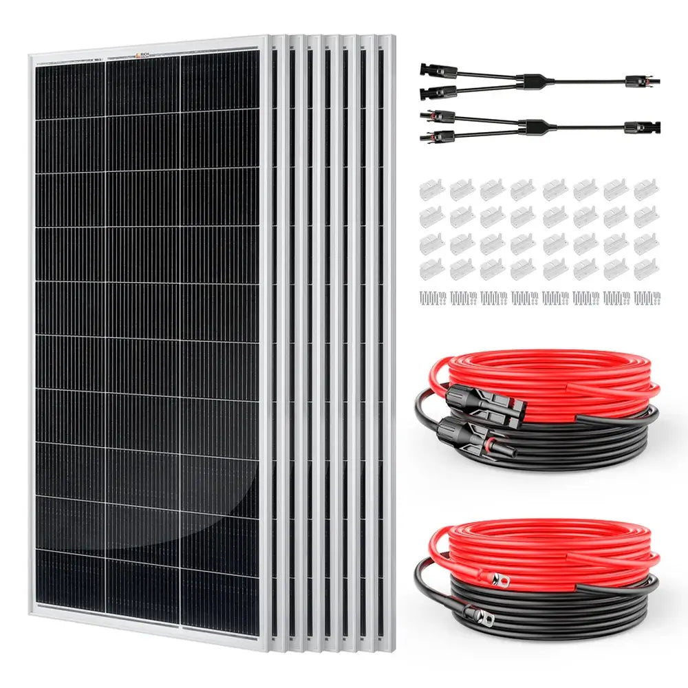 Rich Solar 1600W 24V solar panel kit components including a stack of panels, mounting Z-brackets with screws, extension cables, and Y-branch parallel connectors.