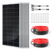 Rich Solar 1600W 24V solar panel kit components including a stack of panels, mounting Z-brackets with screws, extension cables, and Y-branch parallel connectors.