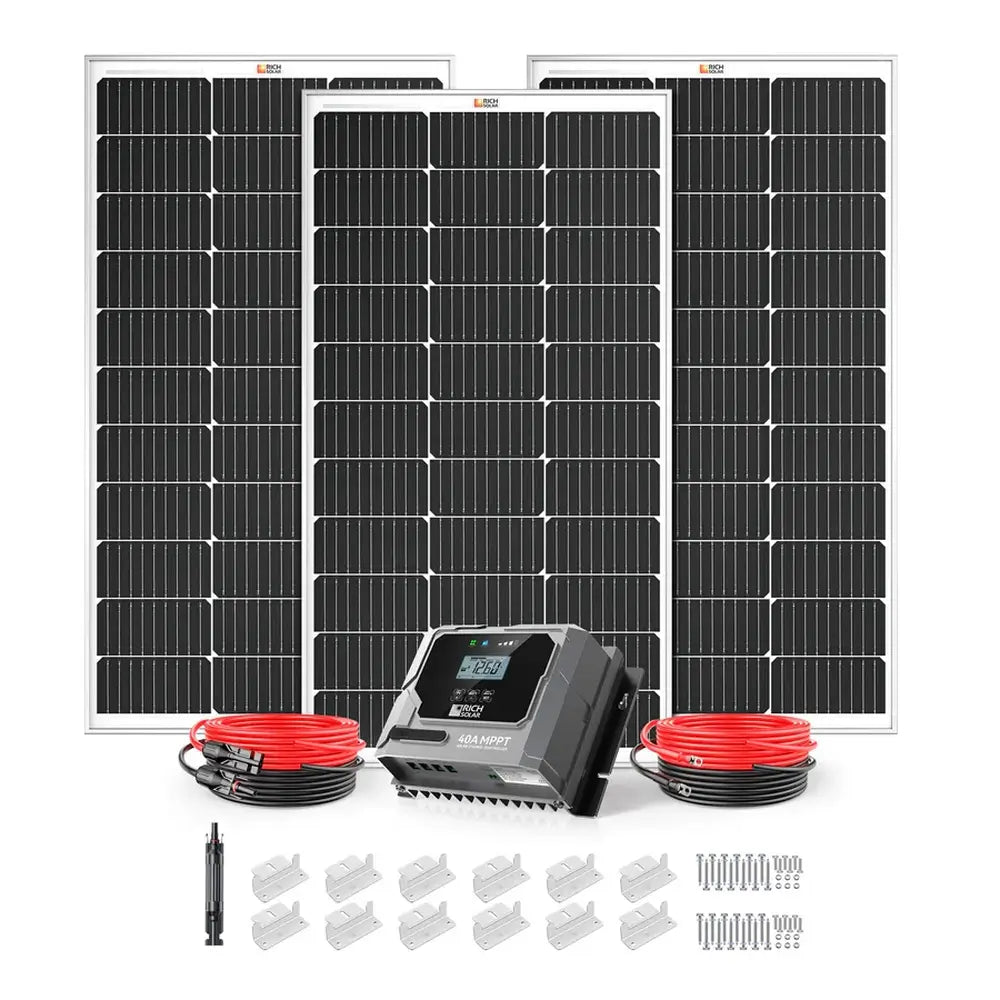 Component layout of the Rich Solar RS-K3004 300W solar kit showing three 100W panels side-by-side with the 40-amp MPPT charge controller and wiring gear.