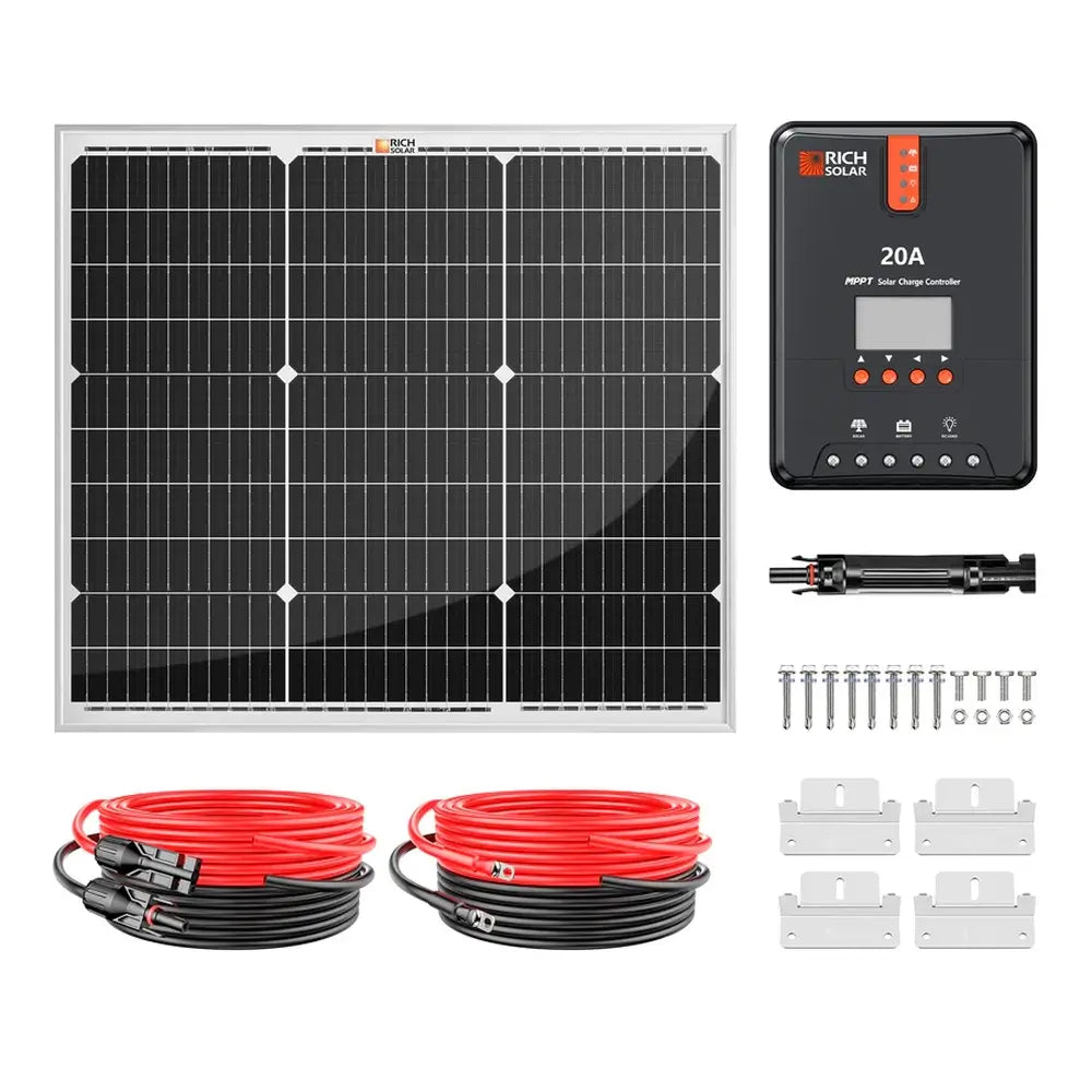 Comprehensive product layout of the Rich Solar 50W solar panel kit components, including a 12V solar panel, 20A MPPT charge controller, inline fuse holder, mounting Z-brackets with hardware, and extension cables.