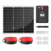 Comprehensive product layout of the Rich Solar 50W solar panel kit components, including a 12V solar panel, 20A MPPT charge controller, inline fuse holder, mounting Z-brackets with hardware, and extension cables.