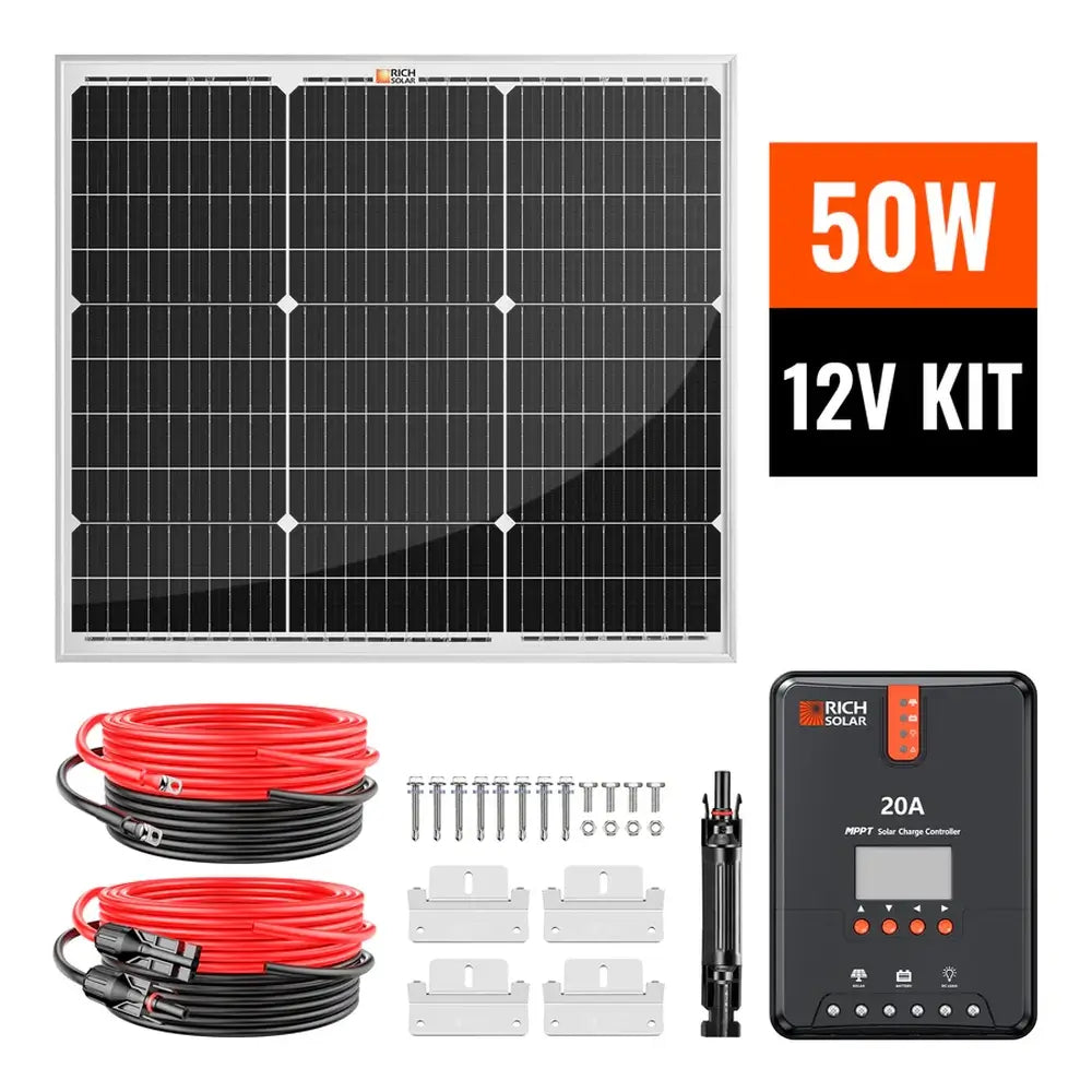 Rich Solar 50W 12V kit package contents with an orange promotional graphic badge, displaying the complete off-grid solar setup with monocrystalline panel, MPPT controller, and installation accessories.