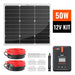 Rich Solar 50W 12V kit package contents with an orange promotional graphic badge, displaying the complete off-grid solar setup with monocrystalline panel, MPPT controller, and installation accessories.