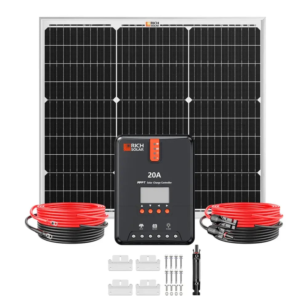 Symmetrical front-facing product display of the Rich Solar RS-K502 50W solar kit, showcasing the 20A MPPT solar charge controller and wiring accessories centered over the compact solar panel.